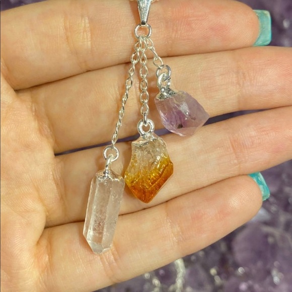 Amethyst, Citrine, and Clear Quartz Triple Stone Pendant, Raw Stones, Abundance - Picture 2 of 4